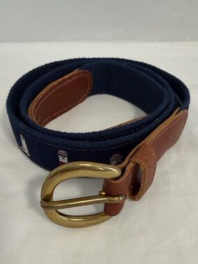 Vintage Preston Lighthouse Pattern Nylon and Leather Belt  38 navy blue/brown